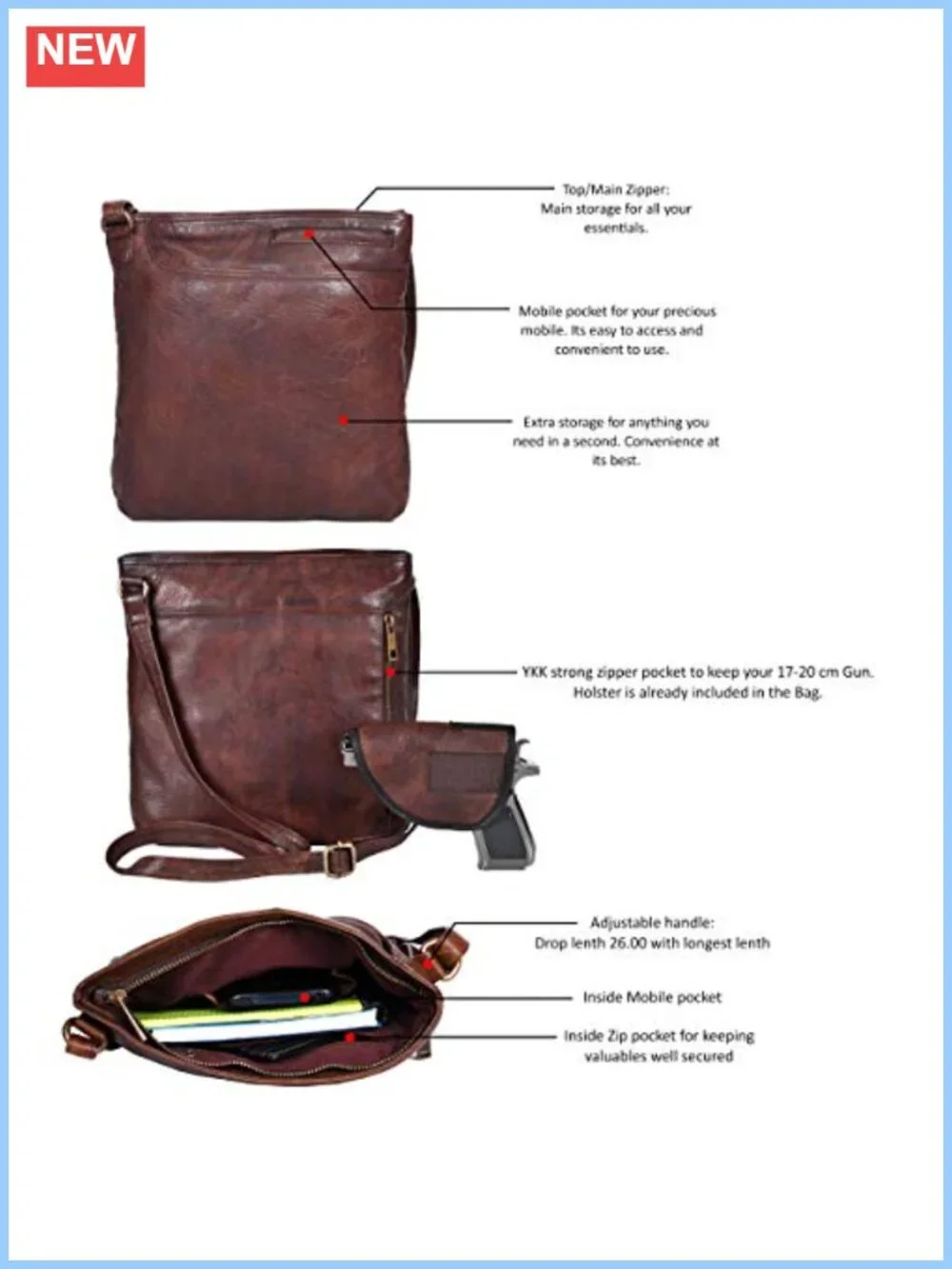 Handmade Leather Crossbody Bag with Detachable Holster